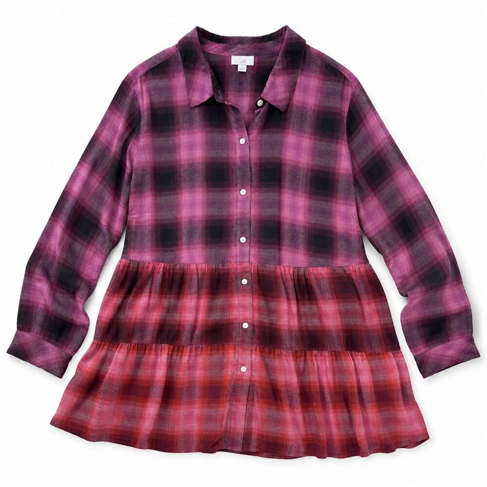 J.Jill Top Size 2x Plaid Button Down Tiered Colorful Cotton Modal Long Sleeve